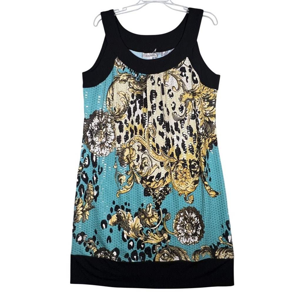Dressbarn Women's Size 14 Black Teal Gold Animal Print Floral Sequin Dress